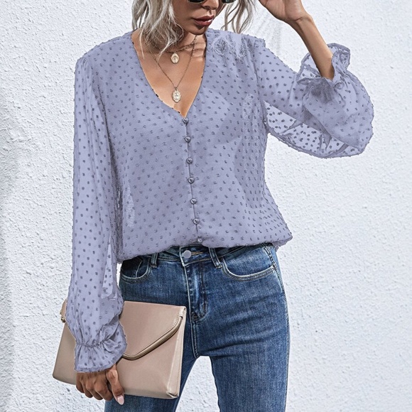 swiss dot v neck button chiffon long sleeve top - Picture 5 of 16